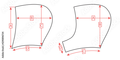 Technical sketch of a hood with size chart