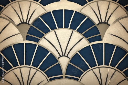 Abstract Art Deco Fan Pattern in Navy Blue and Beige