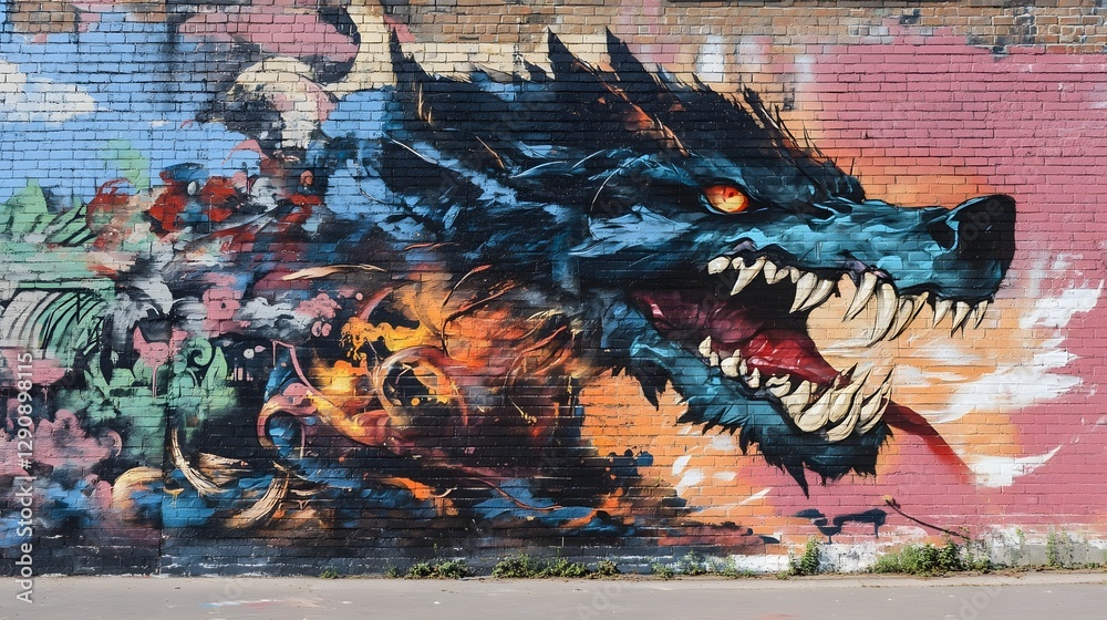 Obraz premium Captivating Mythological Dragon Graffiti Mural on Bordeaux Urban Wall