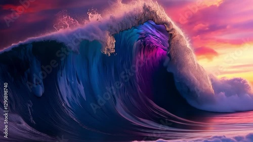 A striking wave rolls towards the beach, showcasing a vivid display of blues and purples. The sunset paints the sky with brilliant hues, enhancing the natural beauty.