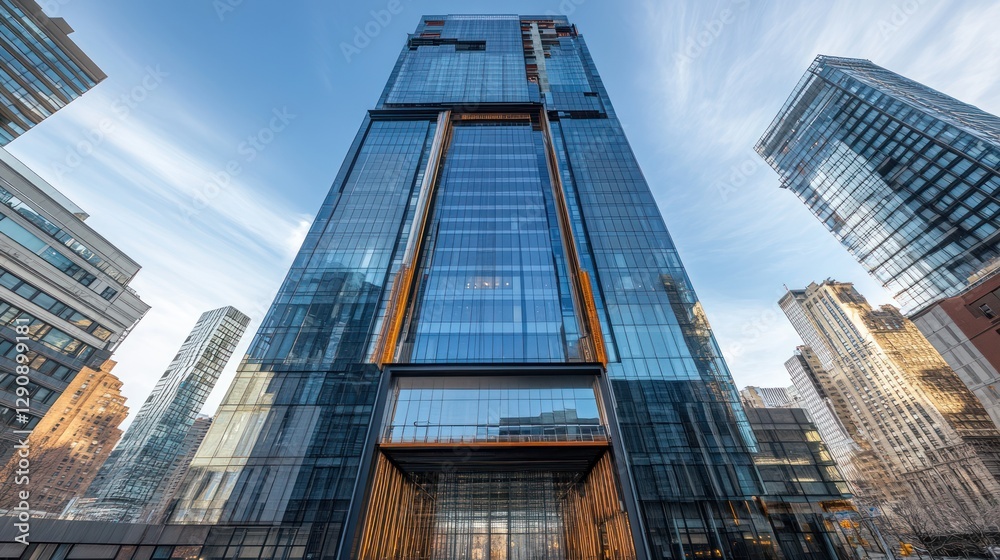 Fototapeta premium Modern skyscraper, city skyline, glass facade, urban architecture, business district, low angle view, promotional use
