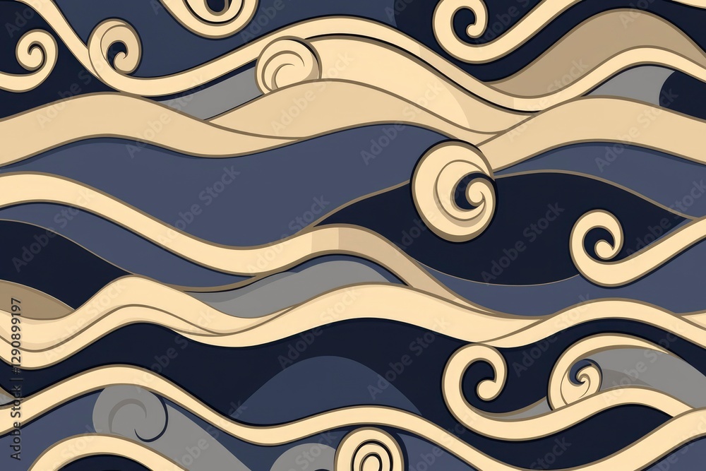 Fototapeta premium Abstract Wave Pattern Beige and Blue Swirls Seamless Design