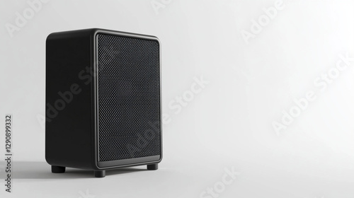 Bluetooth music speaker on white isolated background stands sideways.
