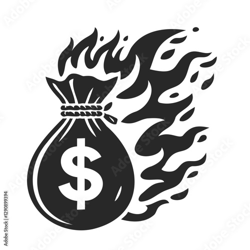 Silhouette of a burning money bag, symbolizing financial crisis, loss, or economic instability.