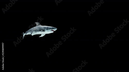 Realistic 3D animation of a great white shark swimming on a loop underwater with a low-angle view. Seamless loop in 4K resolution. Megalodon-inspired, the most fearsome predator in the ocean.