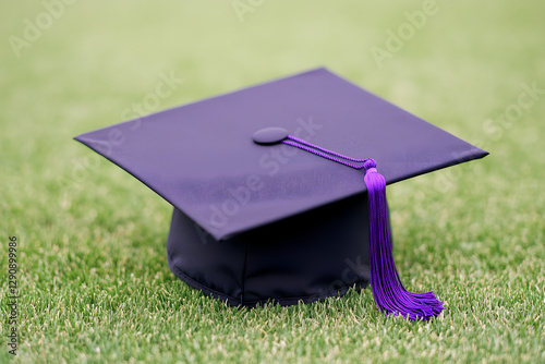 A purple and black mortarboard with a tassel sits on a green grassy surface.