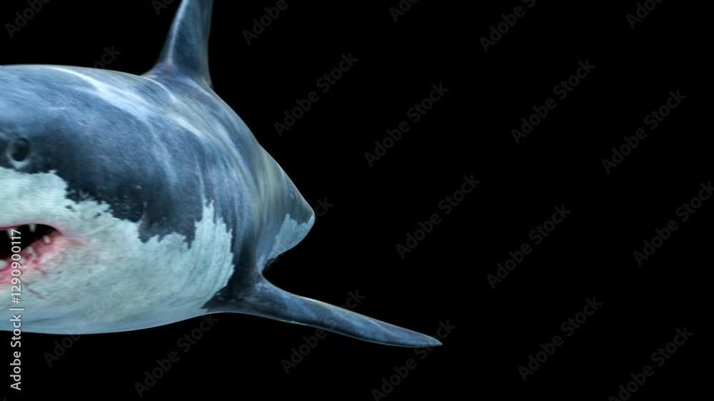 A terrifying great white shark slowly swims towards the camera, opens its jaws, and passes by in a seamless 4K loop. Includes clean alpha channel, perfect for VFX, films, games, and ocean-themed proje