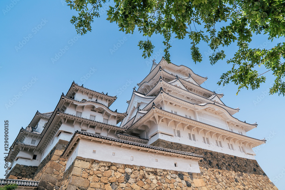 The majestic Himeji Castle stands against a bright blue sky, partially framed by green tree branches, highlighting the contrast between its white walls and natural surroundings. The majestic Himeji Castle stands against a bright blue sky, partially framed by green tree branches, highlighting the contrast between its white walls and natural surroundings.