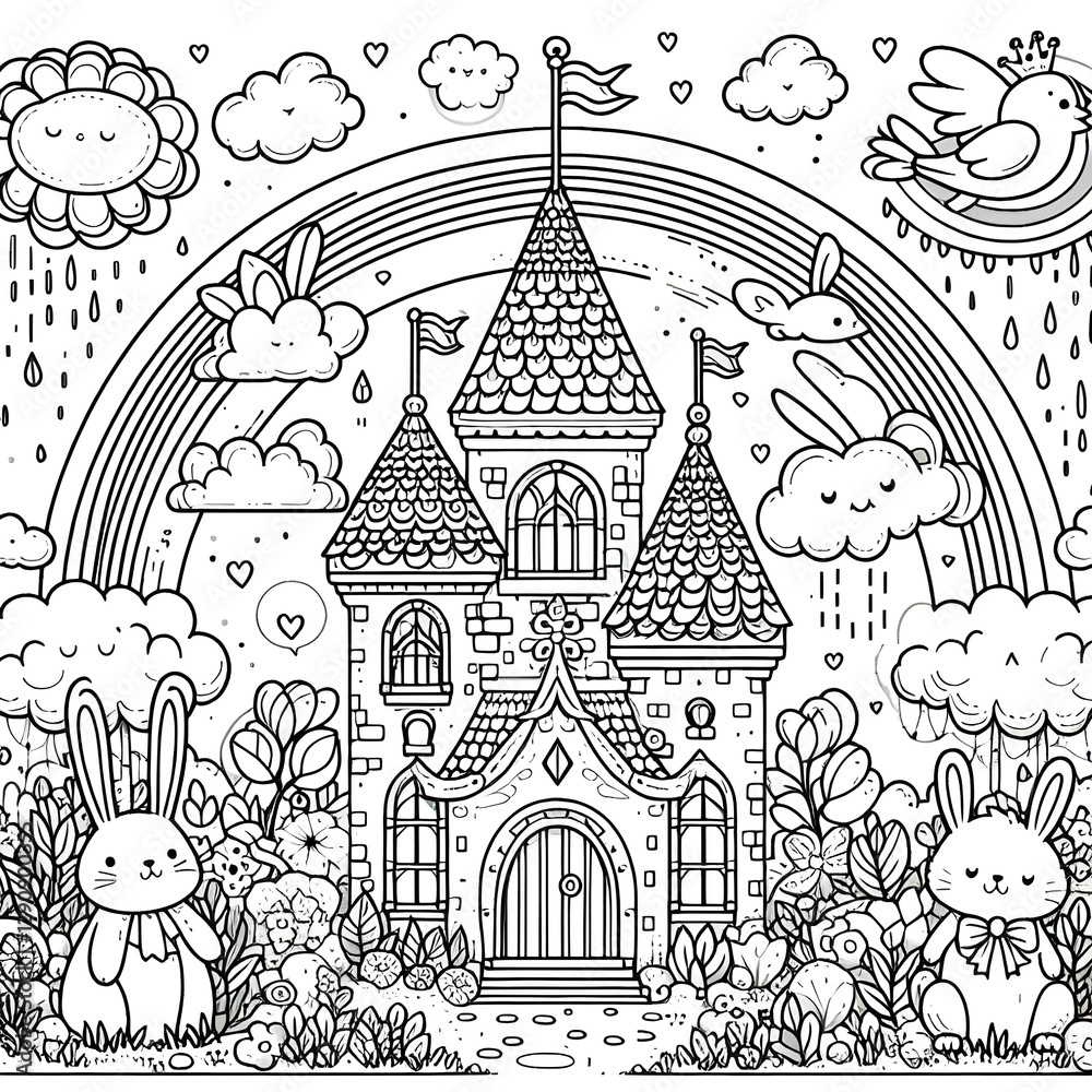 Magic castle with cute bunnies, rainbow and smiling clouds in a fantasy garden coloring page Magic castle with cute bunnies, rainbow and smiling clouds in a fantasy garden coloring page