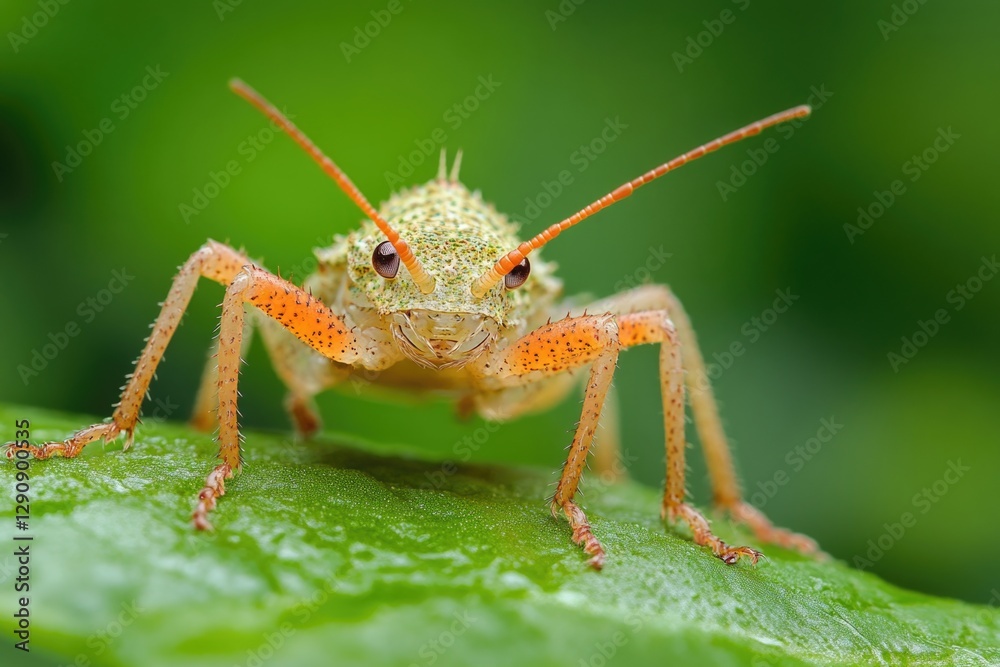 Fototapeta premium A small bug sits on the edge of a green leaf, surrounded by natural foliage