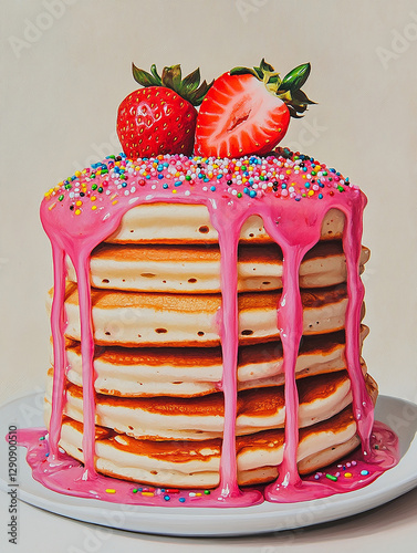 Delicious stack of pancakes with pink glaze, strawberries and colorful sprinkles on top