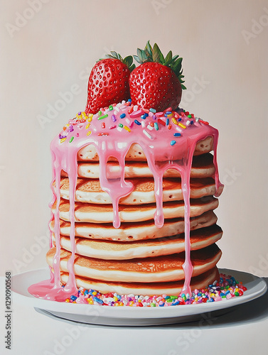 Delicious stack of pancakes with pink glaze, strawberries and colorful sprinkles on top