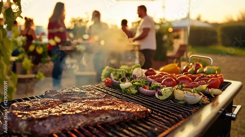 A festive gathering takes place in a garden at sunset, featuring a grill with sizzling meat and vibrant vegetables. Friends enjoy food, drinks, and lively conversation together.