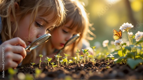 Two young girls with curly hair exploring plants with magnifying glasses in nature.