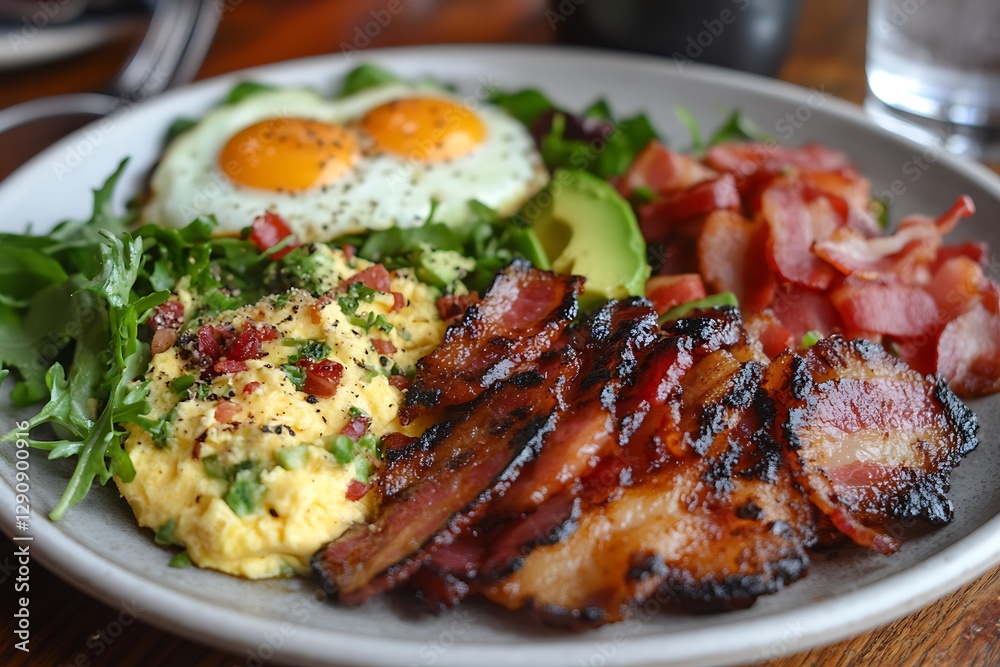 A plate of delicious breakfast food with eggs and bacon A plate of delicious breakfast food with eggs and bacon