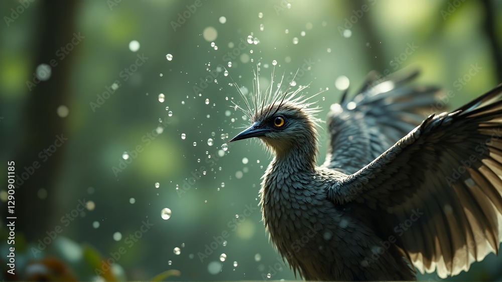 A majestic bird with striking features spreads its wings amidst a serene, misty backdrop. A majestic bird with striking features spreads its wings amidst a serene, misty backdrop.