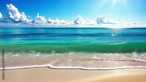 Enjoy a peaceful view of the beach where gentle waves lap against the sandy shore under a clear blue sky filled with fluffy clouds. Perfect for a relaxing day.