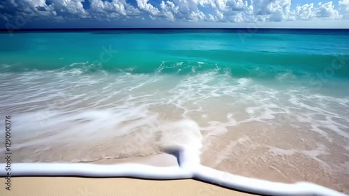 Beautiful turquoise waves wash onto the shore, creating a calming rhythm. The sun shines brightly, highlighting the soft sand and the serene atmosphere of the beach.