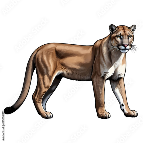 Mountain lion standing in a natural pose, showcasing its strong build and alert expression in a realistic style