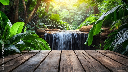 Wooden Deck Overlooking Lush Tropical Waterfall