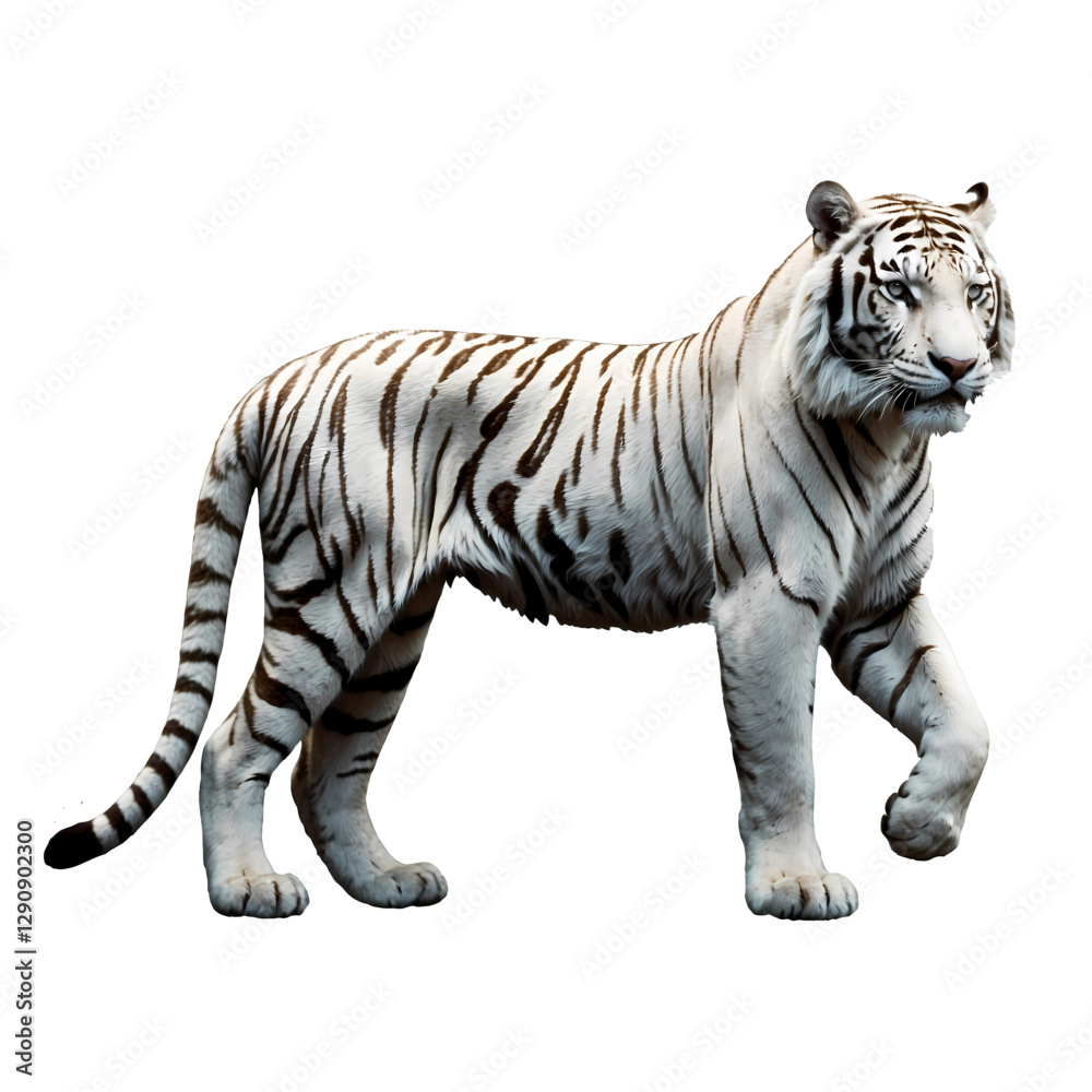 Fototapeta premium White tiger walking gracefully through a forest environment in the afternoon sun during summer