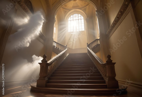 The grand staircase leads to the light as smoke fills the entryway of a building.