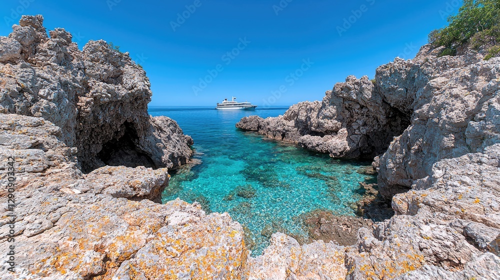 Coastal rocks, turquoise water, cruise ship, sunny day, scenic view, vacation destination