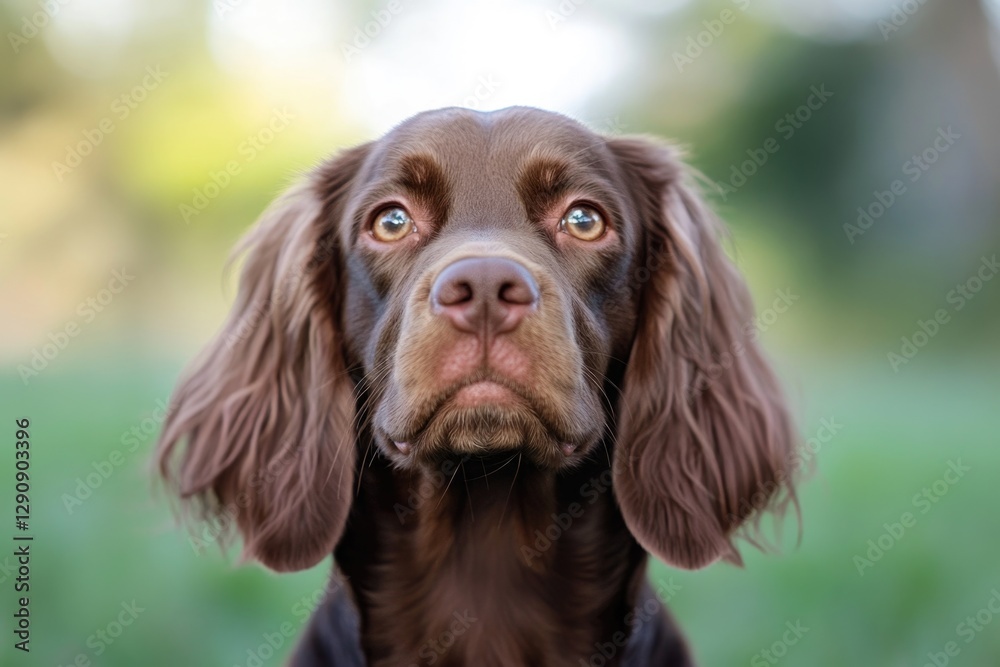A close-up shot of a curious dog looking directly at the camera lens A close-up shot of a curious dog looking directly at the camera lens