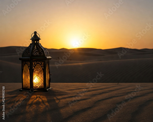 A beautifully lit oriental lantern stands in the vast desert at twilight, casting a warm glow against the cool tones of the dusk sky and the rolling sand dunes, the scene evokes a sense of peace 