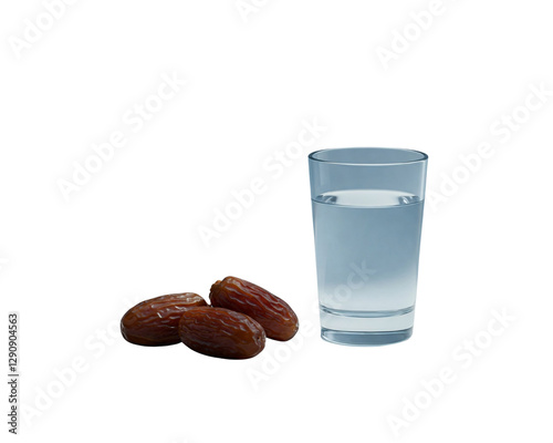 traditional iftar meal during Ramadan, the arrangement is set against a clean white background, highlighting the natural textures and colors of the dates and the refreshing appeal of the cool water.