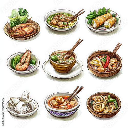A set of thai food in style of oil drawing