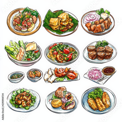 A set of thai food in style of oil drawing