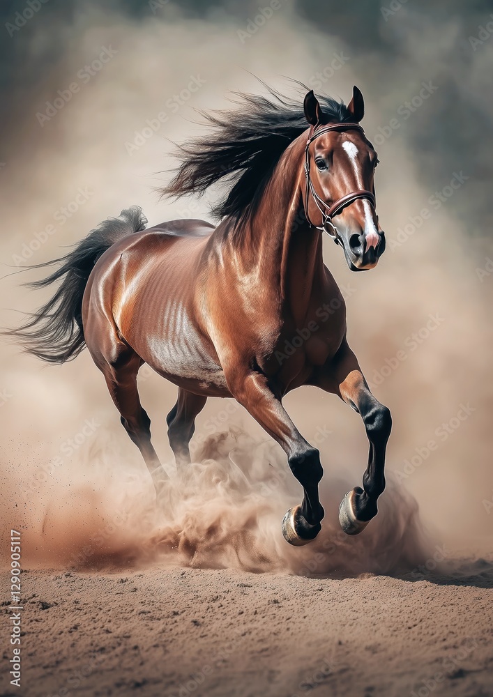 Un majestueux cheval brun galopant dans le désert, entouré de nuages de poussière tourbillonnants. Un majestueux cheval brun galopant dans le désert, entouré de nuages de poussière tourbillonnants.