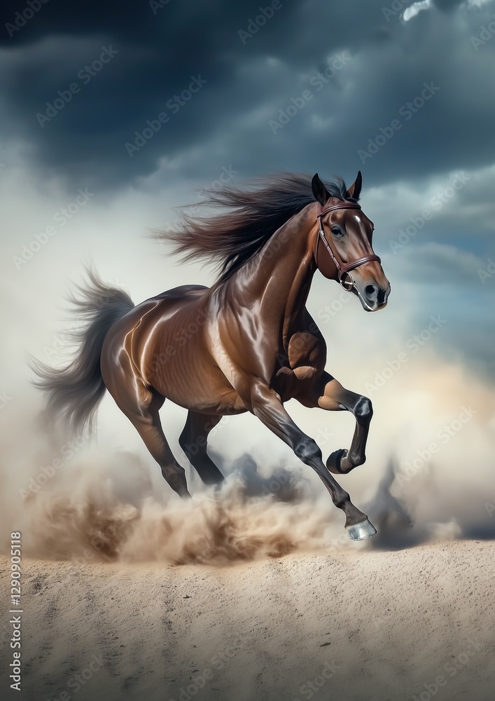 Un cheval brun majestueux galopant dans le désert, entouré de nuages de poussière tourbillonnants sous un ciel gris menaçant. Un cheval brun majestueux galopant dans le désert, entouré de nuages de poussière tourbillonnants sous un ciel gris menaçant.