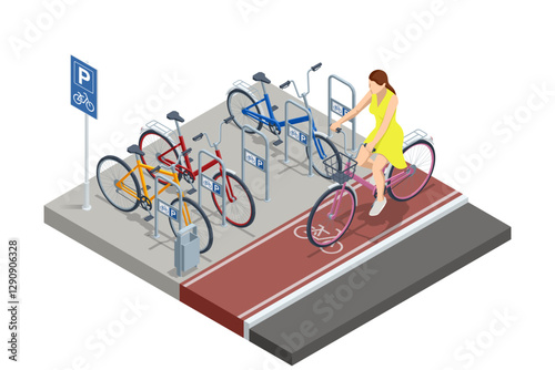 Isometric vector illustration of a woman in a yellow dress riding a pink bicycle along a dedicated bike path adjacent to a bicycle parking area filled with various colorful bikes Bicycle, bike, path