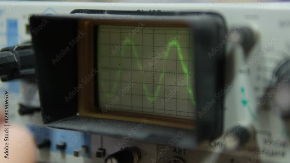 Close-up of an Oscilloscope Screen Displaying a Green Waveform Signal with Blurred Edges Close-up of an Oscilloscope Screen Displaying a Green Waveform Signal with Blurred Edges