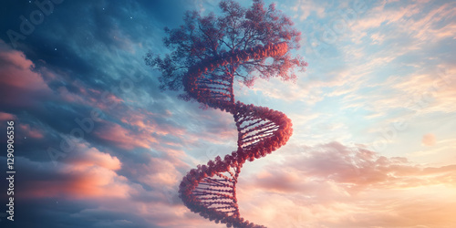 Innovative epigenetic inheritance pathways weaving molecular history into future generations showing swirling DNA tree of life against an ethereal sky