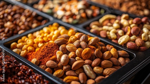 A stylish black plate filled with a variety of nuts, topped with a mix of spices, offering a vibrant and flavorful display perfect for food photography and culinary themes. photo
