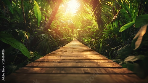 Wooden Path Through Lush Green Tropical Jungle with Sunlight