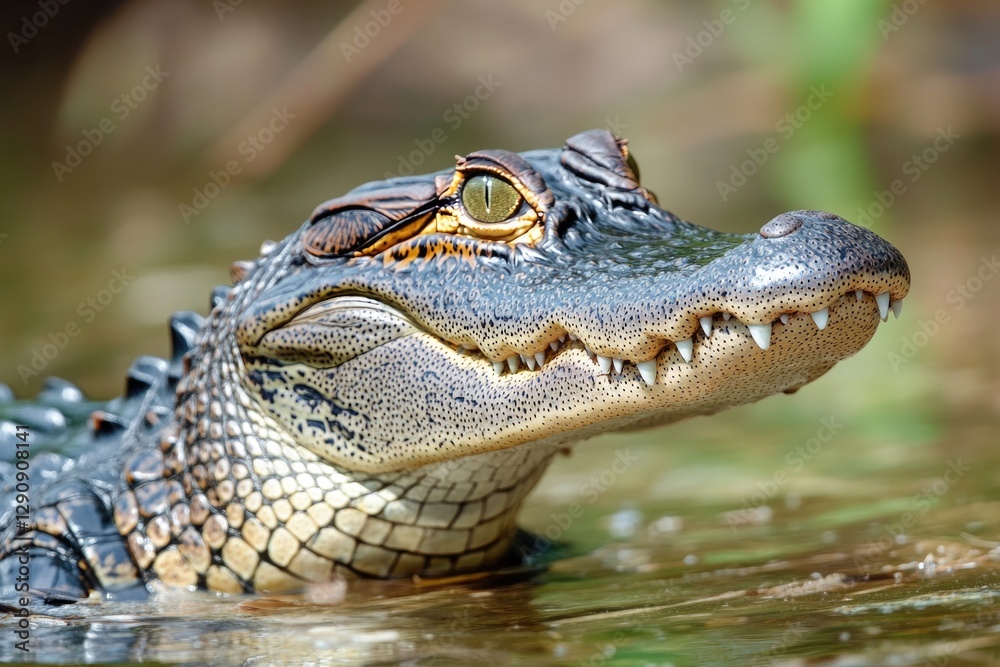Obraz premium A close-up shot of an alligator submerged in water, its scaly skin and jaws visible