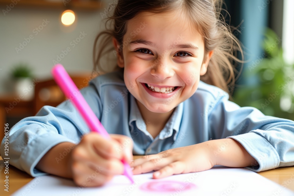 Cheerful 8-Year-Old Girl with Brown Hair Drawing with a Pink Marker in a Bright Room Filled with Natural Light Cheerful 8-Year-Old Girl with Brown Hair Drawing with a Pink Marker in a Bright Room Filled with Natural Light