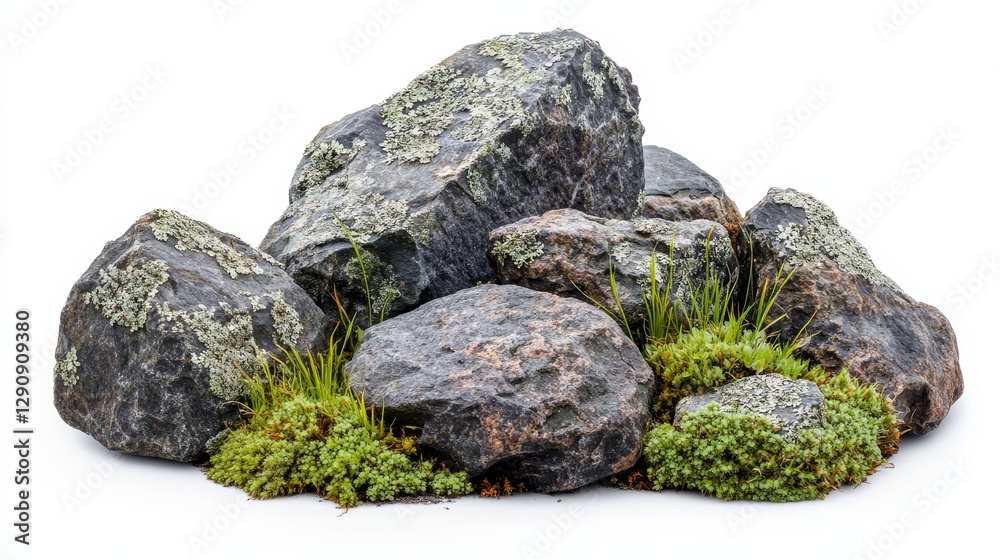 Fototapeta premium Moss stones set isolated on white background. Vector cartoon illustration of old brown, gray and black rocks with green lichen and grass, jungle forest, swamp, bog or tropical garden design elements