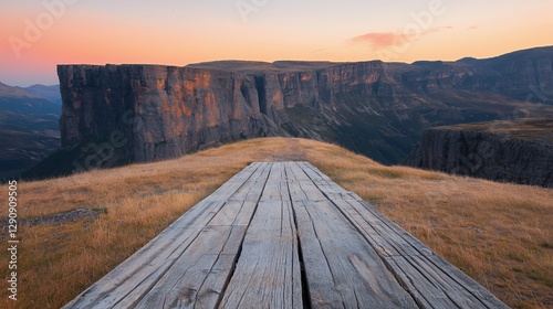 Wooden Plank Path Overlooking a Dramatic Sunset Mountain Landscape