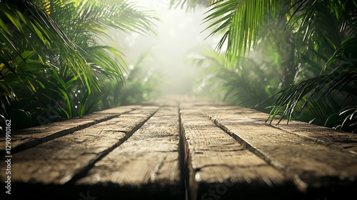Wooden Planks Path Through Misty Tropical Jungle