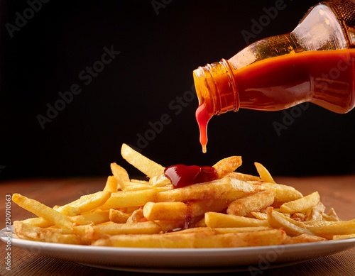 Fotografía de estudio profesional de una botella de vidrio de Ketchup gotea ketchup sobre la pila de papas fritas formando un pequeño montículo en la parte super, estilo ultrarrealista, realista, photo