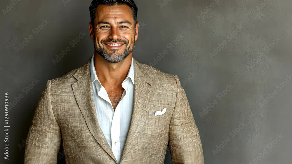 Smiling man in suit poses. Grey wall backdrop. Use advertising, lifestyle Smiling man in suit poses. Grey wall backdrop. Use advertising, lifestyle