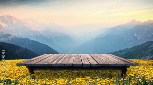 Wooden Platform Over Yellow Flower Field with Mountain Sunset View