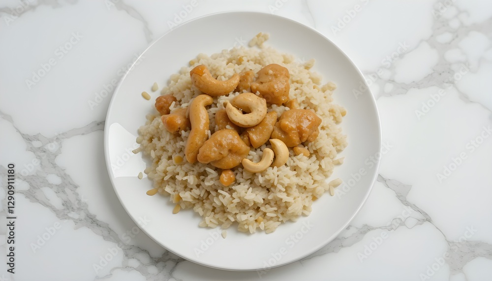 Rice, cashew nuts, and chicken on a white plate against a white backdrop Rice, cashew nuts, and chicken on a white plate against a white backdrop