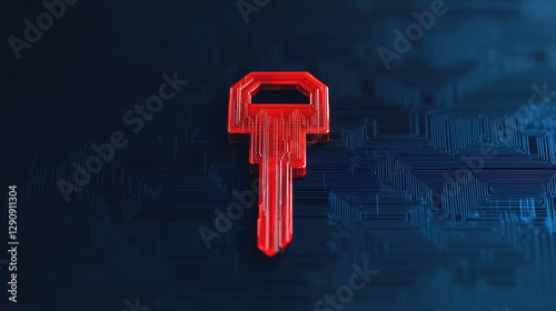 A vibrant red key stands out against a dark, digital background, symbolizing security and access in a technological context.