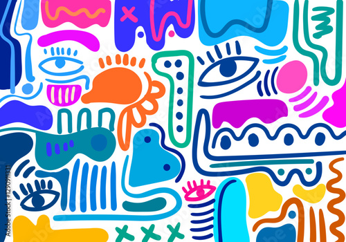 abstract illustration featuring bold colors, geometric shapes, expressive eyes, and dynamic doodles.